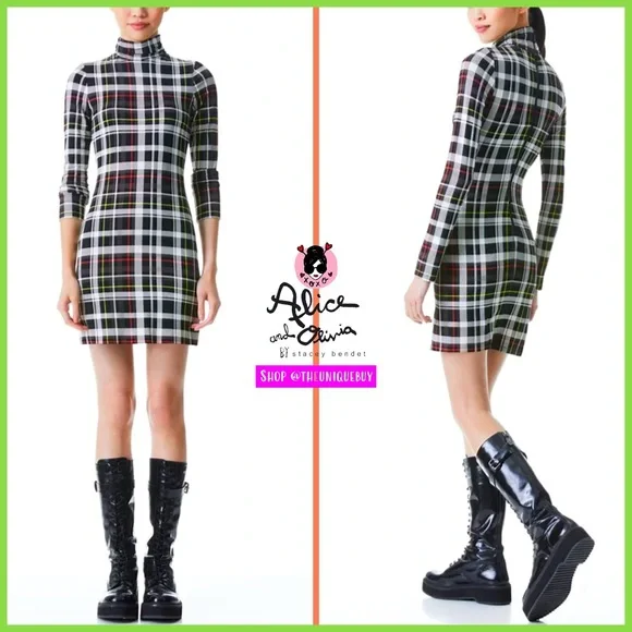 Alice + Olivia Delora Plaid Fitted Black White Multi Mini Dress - Picture 8 of 17